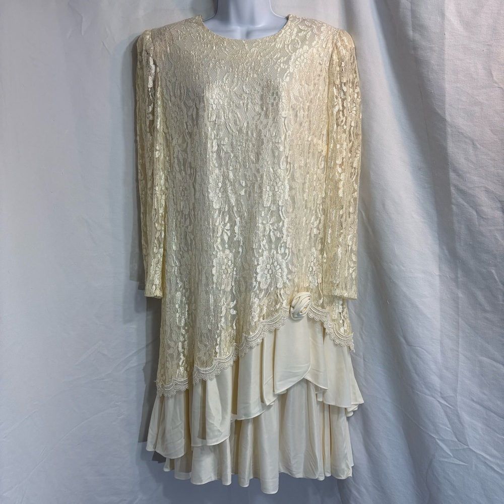 Vintage 80s David Rose Ivory Lace Party Dress 16W Romantic Formal